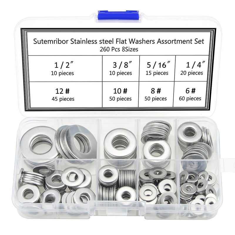 Sutemribor 260 Pieces 8 Sizes Stainless Steel Flat Washers, 1/2 3/8 5/16 1/4 12# 10# 8# 6# Hardware Gasket Assortment Kit - Image 1
